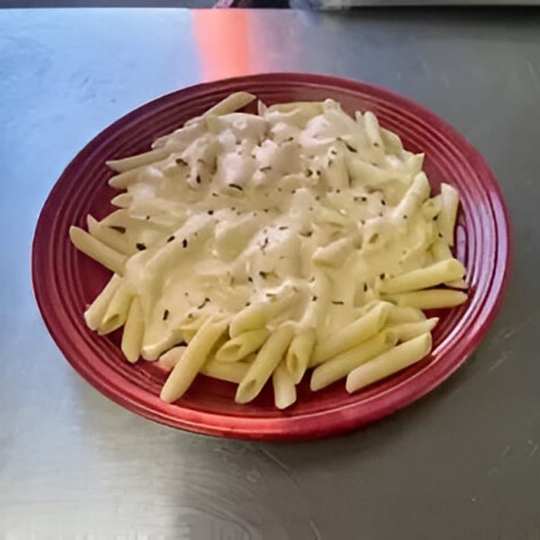 Penne pasta with creamy white sauce and dark seasoning on a red plate.